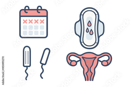 Illustration of menstrual cycle elements showing calendar, menstrual products, and reproductive anatomy in a flat vector design