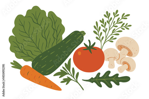 Fresh vegetables in a flat vector illustration showcasing a colorful assortment of greens, tomatoes, and mushrooms in a creative arrangement