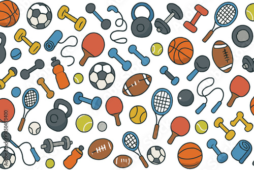 Colorful flat vector illustration of various sports equipment and fitness items scattered across a surface