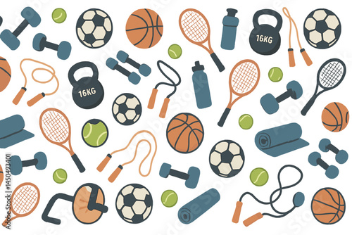Bold flat vector illustration of various sports equipment arranged in a repeating pattern suitable for fitness and sports enthusiasts