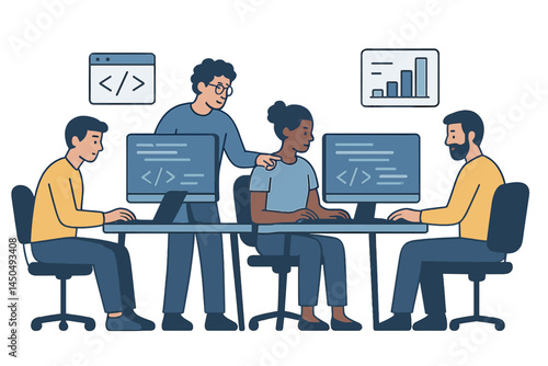 Collaboration among teammates in a modern workspace during a coding session in tech startup at daytime