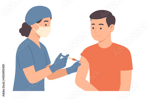 Medical professional administering vaccine to patient in clinical setting with calm demeanor