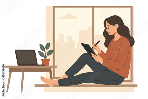 Young woman engaged in digital drawing while sitting on a window sill at home during the day