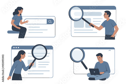 People engaging in online research using search engines and devices in a flat vector illustration