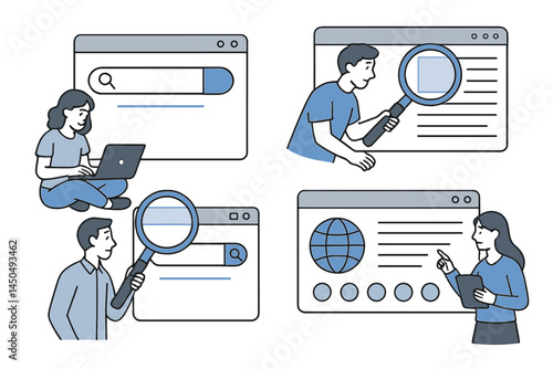 Illustration of people using technology for online research in various settings and activities