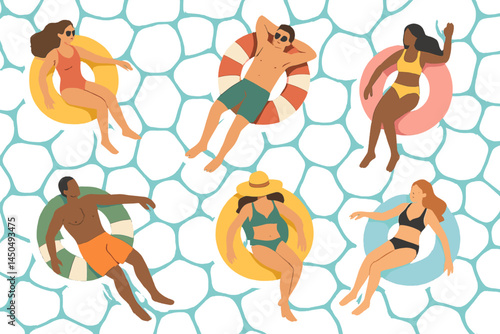 People relaxing on colorful floaties in a pool on a sunny day enjoying summer leisure activities