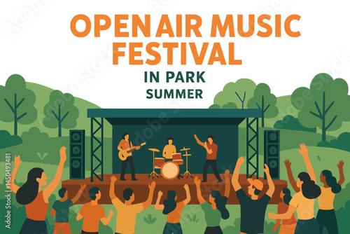 Open air music festival takes place in a park during the summer with a lively crowd enjoying the performances