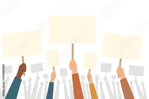 Diverse group of individuals holding blank protest signs during a gathering for social change in an urban setting