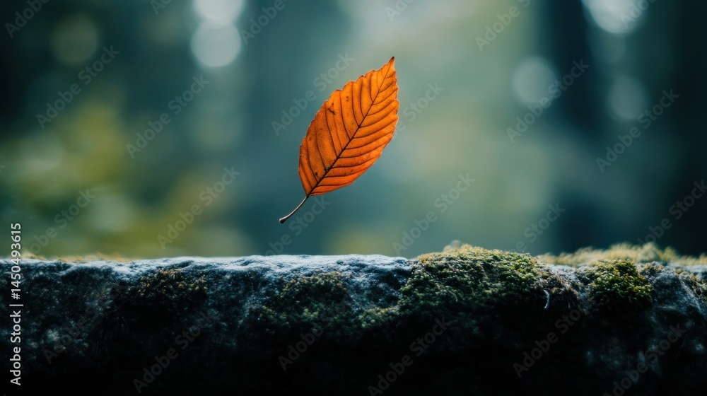 Floating autumn leaf above mossy surface Floating autumn leaf above mossy surface