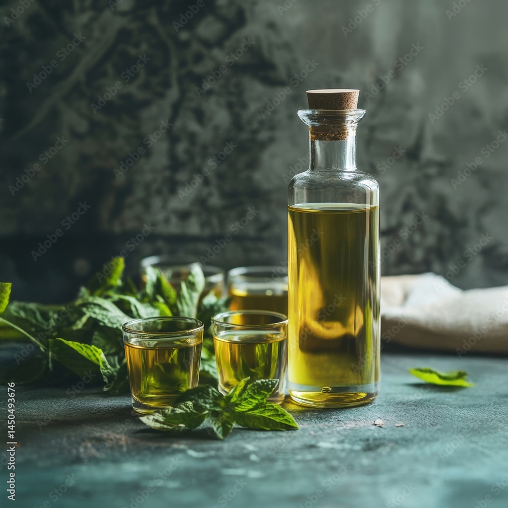 Olive Oil Bottle and Glasses with Mint Olive Oil Bottle and Glasses with Mint