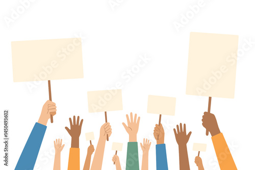 Hands raised with blank placards signaling unity and support during a peaceful demonstration or rally