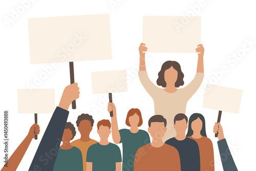 People holding blank signs in a flat vector illustration about activism and social movements in a public gathering