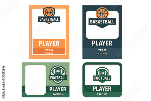 Flat vector illustration of sports player cards for basketball and football showcasing player positions and team information