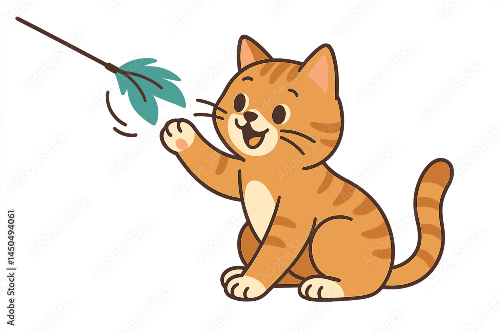 Cute orange tabby cat playing with a green leaf on a stick in a cheerful room setting during daytime Cute orange tabby cat playing with a green leaf on a stick in a cheerful room setting during daytime