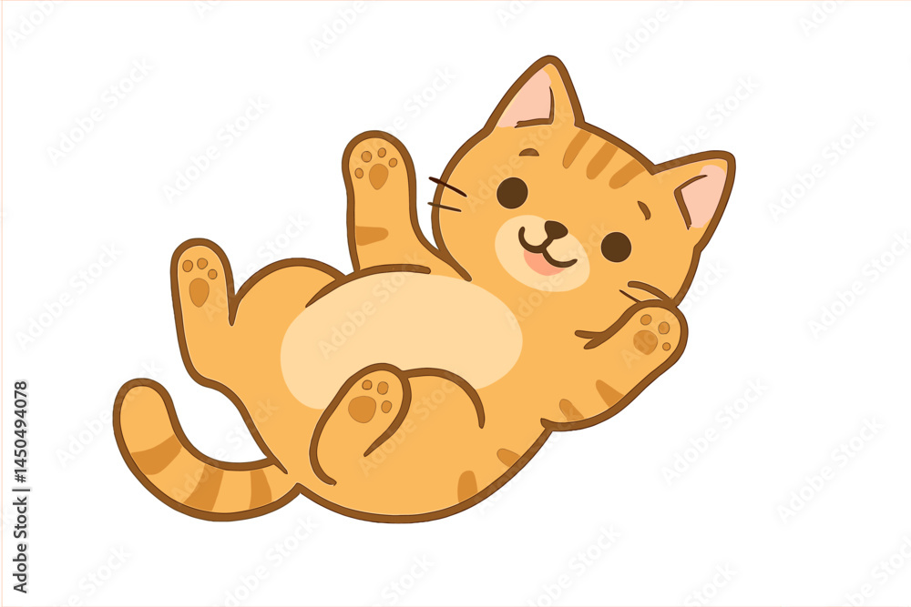 Fototapeta premium Cute flat vector illustration of a playful orange tabby cat lying on its back in a joyful pose