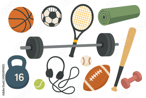 Collection of flat vector sports equipment featuring various balls, weights, and exercise gear for an active lifestyle