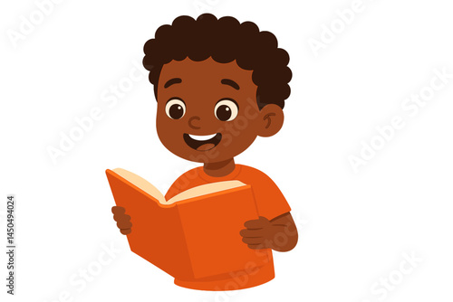 Excited child reading a bright orange book indoors in a cheerful setting during daytime