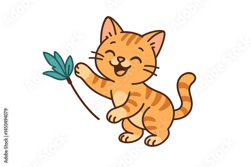 Happy orange tabby cat playing with a leaf in a cheerful flat vector illustration