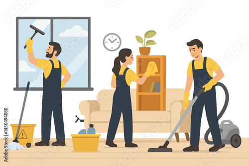 Cleaning team performs thorough house cleaning in a cozy living room during daylight