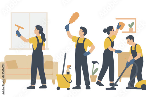 Cleaning team performing various tasks in modern living room during daytime to ensure a spotless home environment