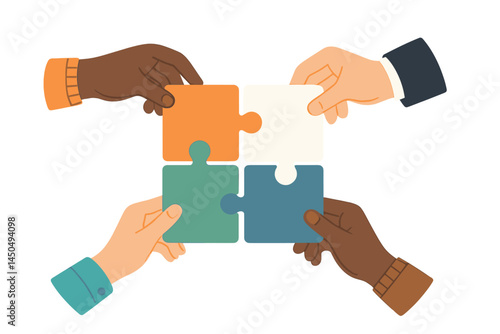 Collaborative puzzle assembly by diverse hands showcasing teamwork and creativity during a group project