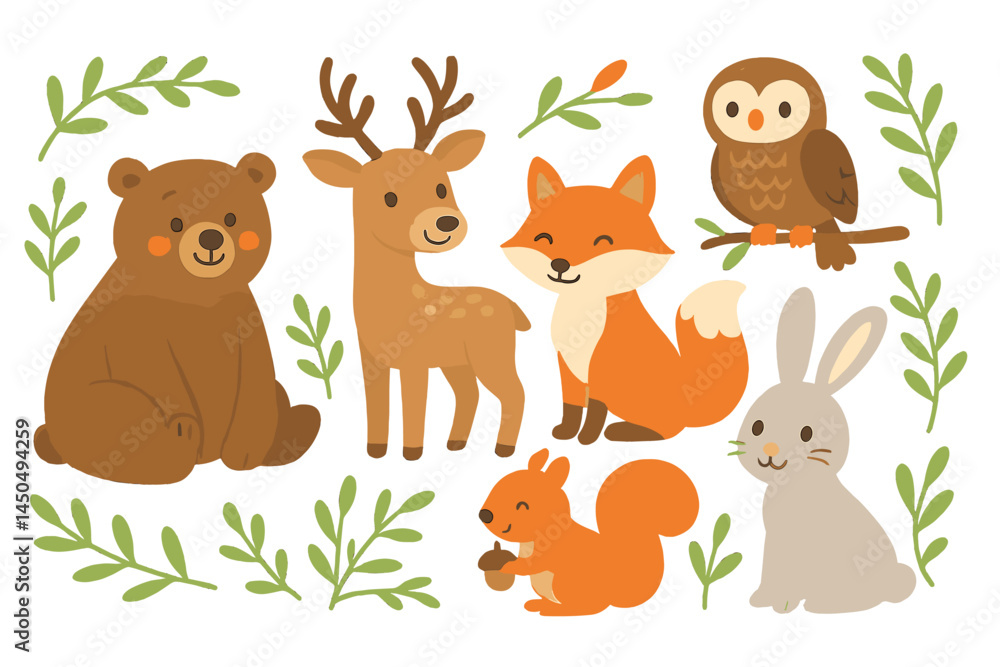 Cute forest animals gathered together in a cheerful and playful flat vector illustration Cute forest animals gathered together in a cheerful and playful flat vector illustration
