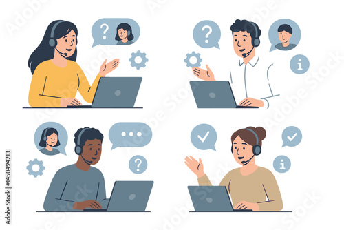 Diverse customer support team assisting clients through virtual communication during a busy workday