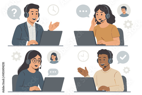 Customer support representatives engaging with clients through calls in a flat vector illustration design