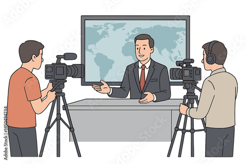 Professional news reporter presenting a broadcast with two camera operators in a studio setting