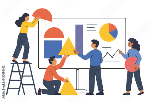 Team collaborates on data visualization in a modern office environment with flat vector design