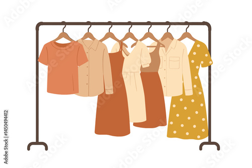 Fashionable flat vector illustration of hanging clothing on a rack showcasing various styles and colors