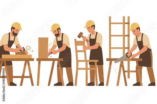 Craftsmen engaged in woodworking tasks illustrating various techniques and skills in a workshop setting