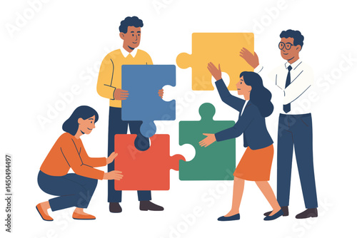 Group of diverse people collaborating and assembling colorful puzzle pieces to solve a problem