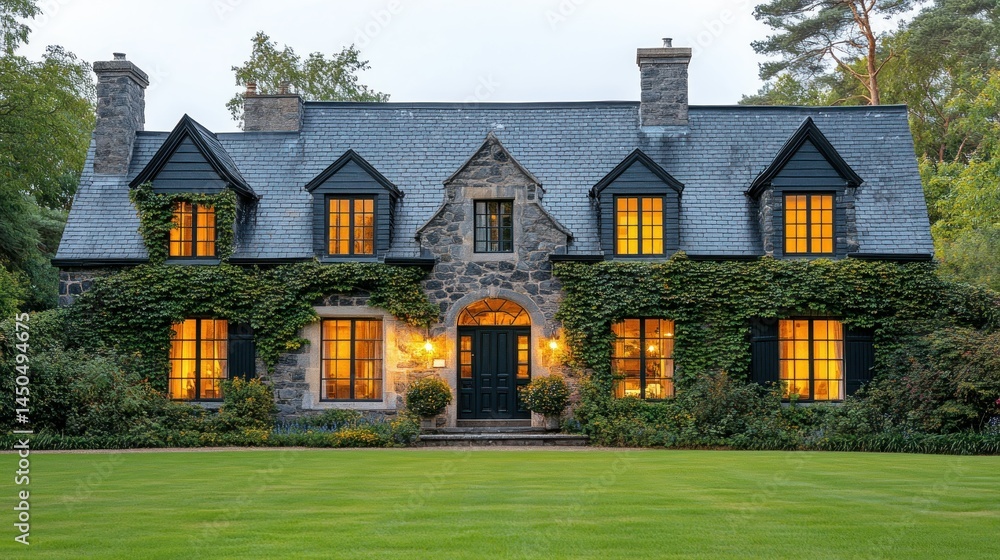 Stone manor home with dark windows, ivy, and lit interior Stone manor home with dark windows, ivy, and lit interior