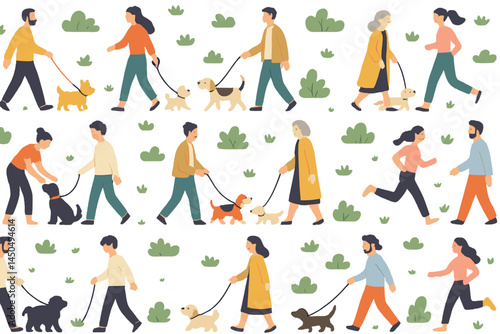 Dog owners walking their pets in a lively park setting during a sunny day