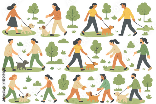 People walking their dogs in a lush park setting during a sunny day