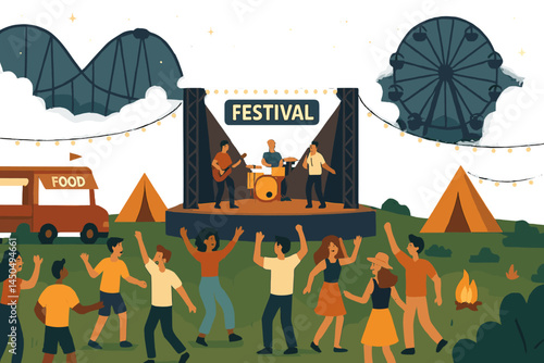Live music festival with vibrant activities, food trucks, and a Ferris wheel at sunset in a colorful park setting