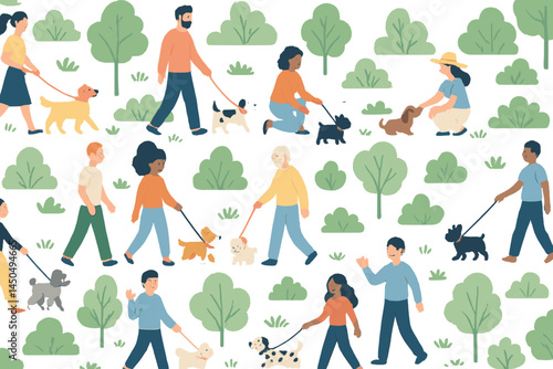 People walking dogs in a park setting with trees and greenery during a sunny day