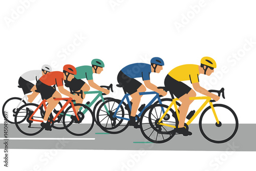Cyclists racing on a road during a sporting event in a flat vector illustration showcasing speed and energy