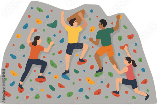 Group of climbers ascending a rock wall in a recreational setting during daylight hours