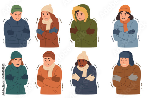 People feeling cold in winter attire expressing discomfort and shivering with various expressions