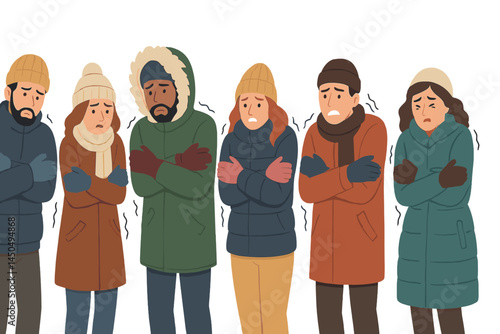Group of people feeling cold in winter attire standing together facing chilly weather conditions