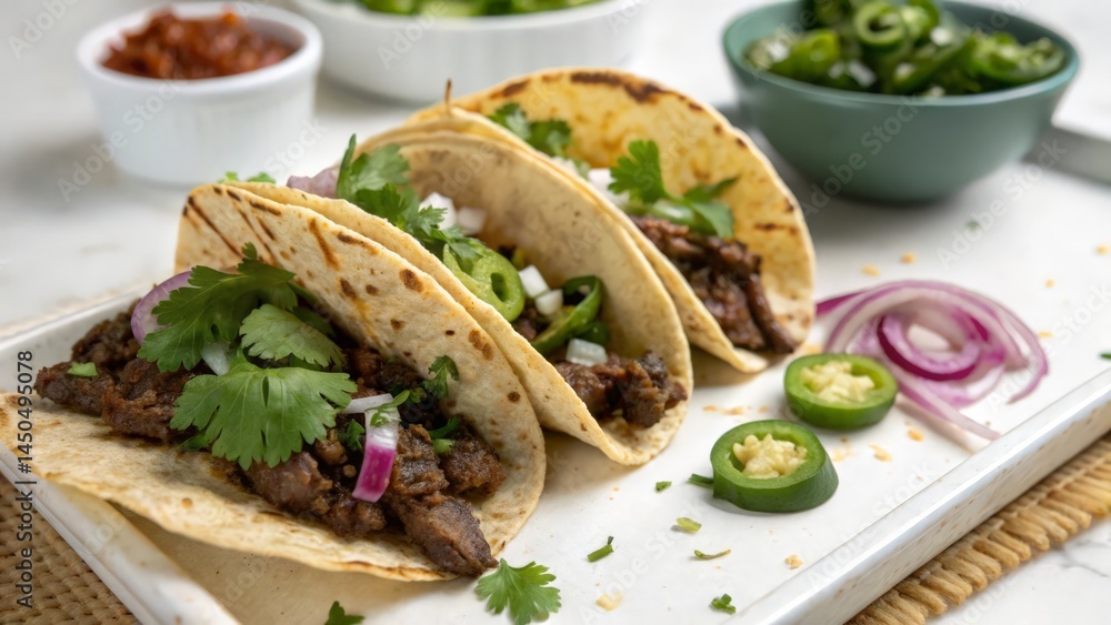 Traditional Beef Tacos with Cilantro, Onion, and Jalapeños on Serving Plate
Traditional Beef Tacos with Cilantro, Onion, and Jalapeños on Serving Plate