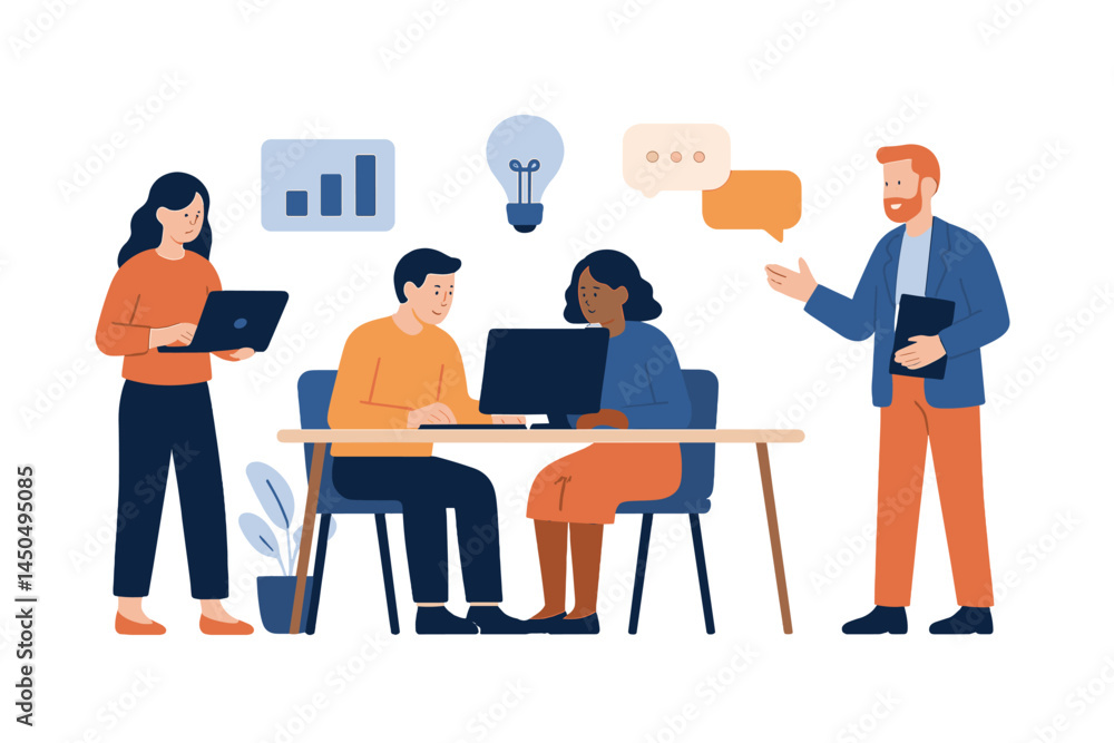 Group of professionals collaborating in a modern office space during a brainstorming session Group of professionals collaborating in a modern office space during a brainstorming session
