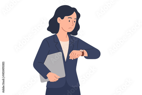 Businesswoman checking time while holding a laptop in a professional setting during the day