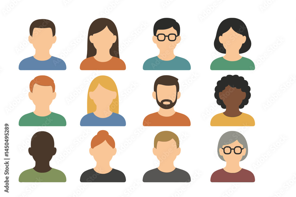 Diverse group of people in flat vector illustration showcasing different hairstyles, facial features, and clothing styles Diverse group of people in flat vector illustration showcasing different hairstyles, facial features, and clothing styles