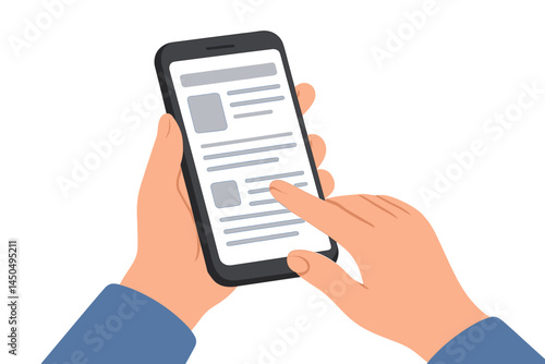 Using a smartphone to browse content in a flat vector illustration