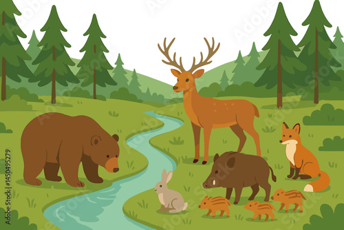 Flat vector illustration of wildlife in a serene forest with river featuring various animals and lush greenery