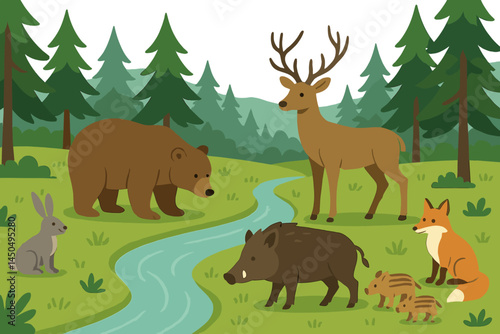 Bears, deer, and foxes gather near a sparkling stream in a vibrant woodland setting during a sunny day