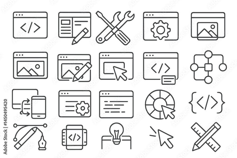 Vector illustration showcasing web design tools and activities, featuring coding elements and graphic design symbols Vector illustration showcasing web design tools and activities, featuring coding elements and graphic design symbols